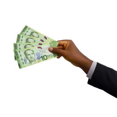 3D takım elbiseli siyah el beyaz arka planda izole edilmiş 10000 Kosta Rika kolon notası oluşturdu.