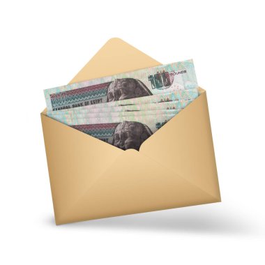 Açık kahverengi bir zarfın içinde Mısır sterlinli banknotlar. Açık bir zarfta üç boyutlu para illüstrasyonu