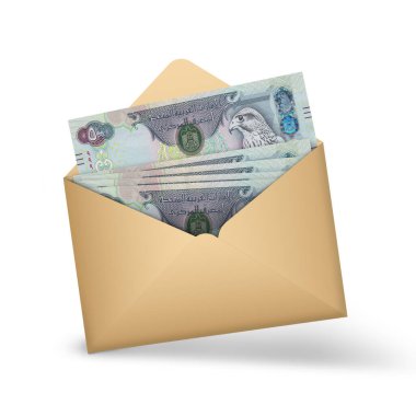 Birleşik Arap Emirlikleri 'nin Dirham notları açık kahverengi bir zarfın içinde. Açık bir zarfta üç boyutlu para illüstrasyonu. Emirati Dirham