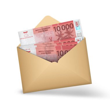Açık kahverengi bir zarfın içinde CFP franc notları var. Açık bir zarfta üç boyutlu para illüstrasyonu
