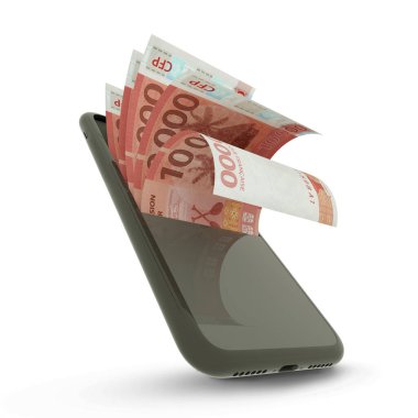 Bir cep telefonunun içinde CFP franc notlarının 3D yorumlanması
