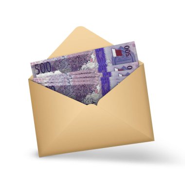 Katarlı riyal notları açık kahverengi bir zarfın içinde. Açık bir zarfta üç boyutlu para illüstrasyonu