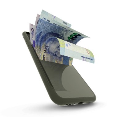 Beyaz arkaplanda izole edilmiş bir cep telefonundaki Güney Afrika Rand notlarının 3 boyutlu yorumlanması