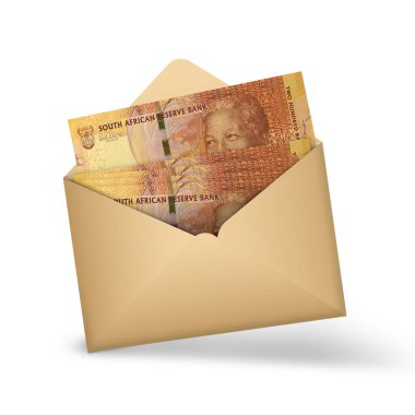 200 Güney Afrika rand notları açık kahverengi bir zarfın içinde. Açık bir zarfta üç boyutlu para illüstrasyonu
