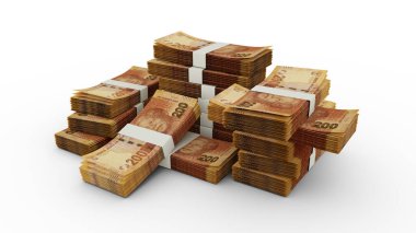 200 Güney Afrika Rand notası yığını. Banknotların 3B görüntülenmesi