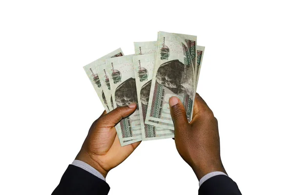 Black Hands Suit Holding Rendered Egyptian Pound Notes — Stock Photo, Image