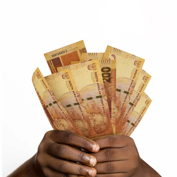 Manos Negras Sosteniendo Renderizado 200 Rand Sudafricano Primer Plano Las —  Fotos de Stock