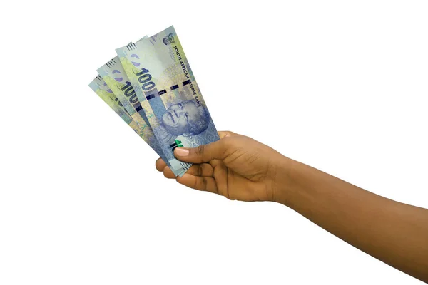 用漂亮的手握3D渲染南非兰特纸币的白色背景 — 图库照片