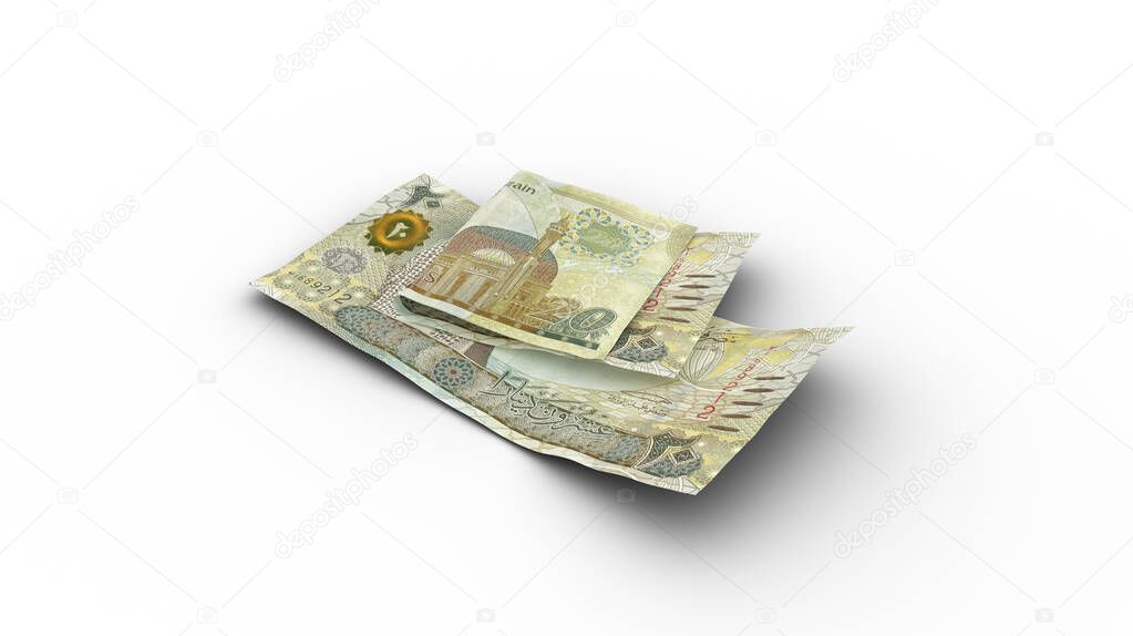 3D rendering of Double 20 Bahrain dinar notes with shadows on white background