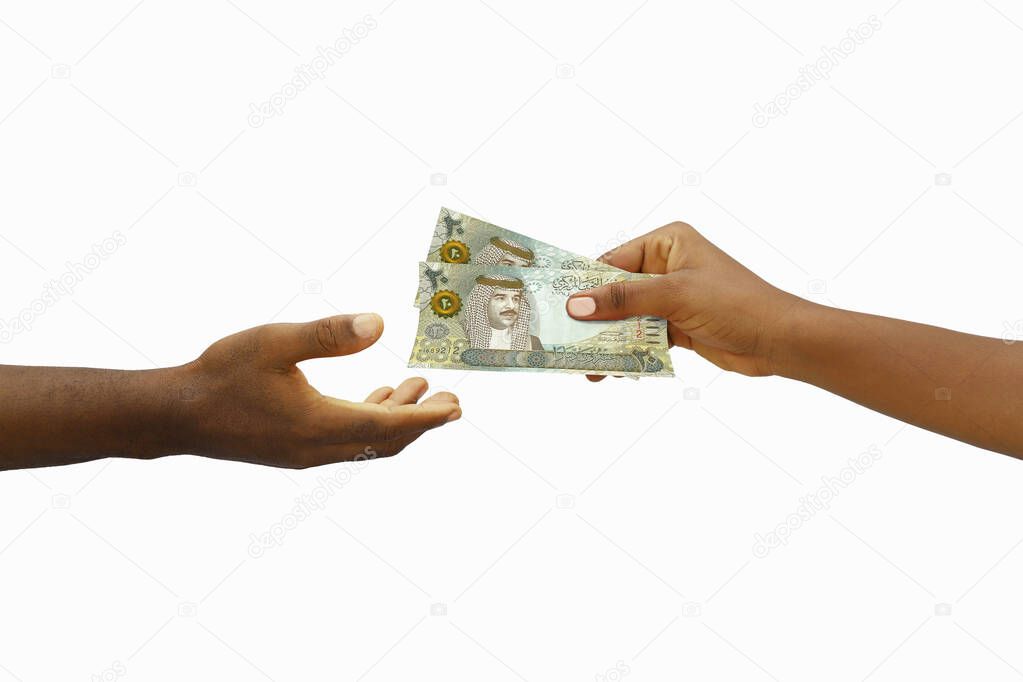 Hand giving 3D rendered 20 Bahrain Dinar notes to another hand. Hand receiving money