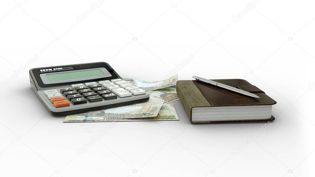 3D rendering of an isolated composition of Bahrain Dinar notes, a calculator, a note book and a pen. front view