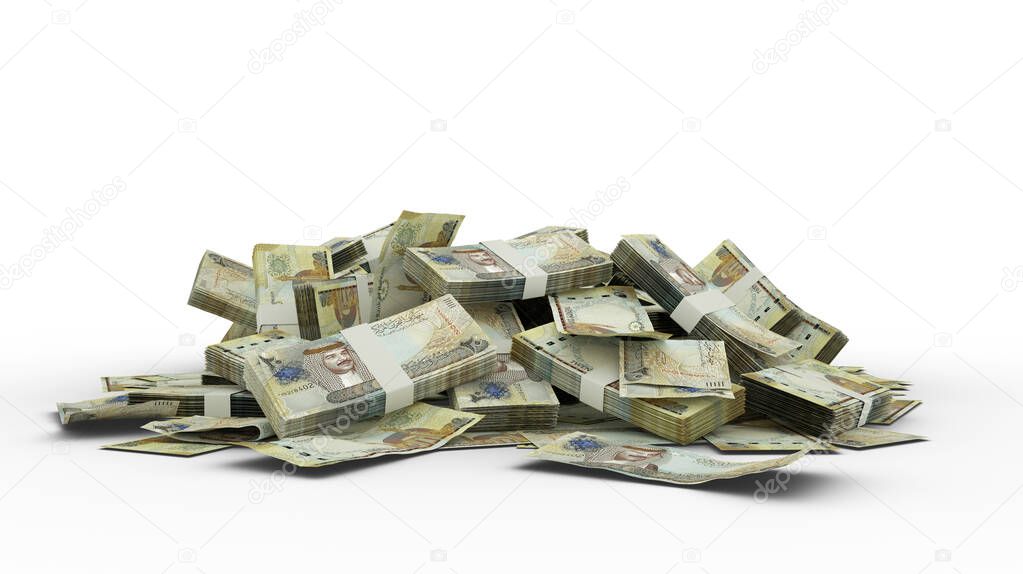 3D Stack of 20 Bahrain Dinar notes Isolated on white background