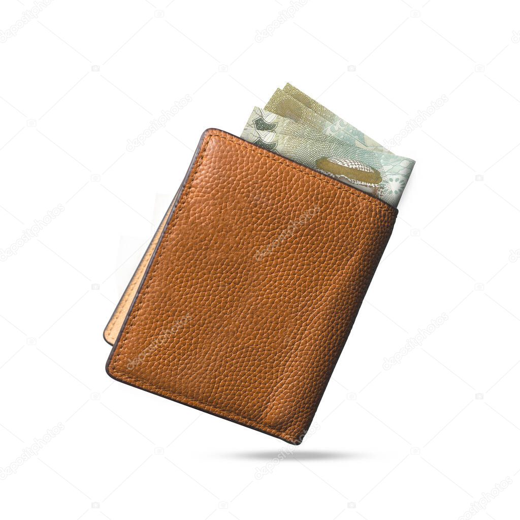 3D rendering of 20 Bahrain dinar notes popping out of a brown leather mens wallet