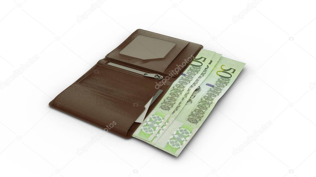3D rendering of Libyan Dinar notes in wallet