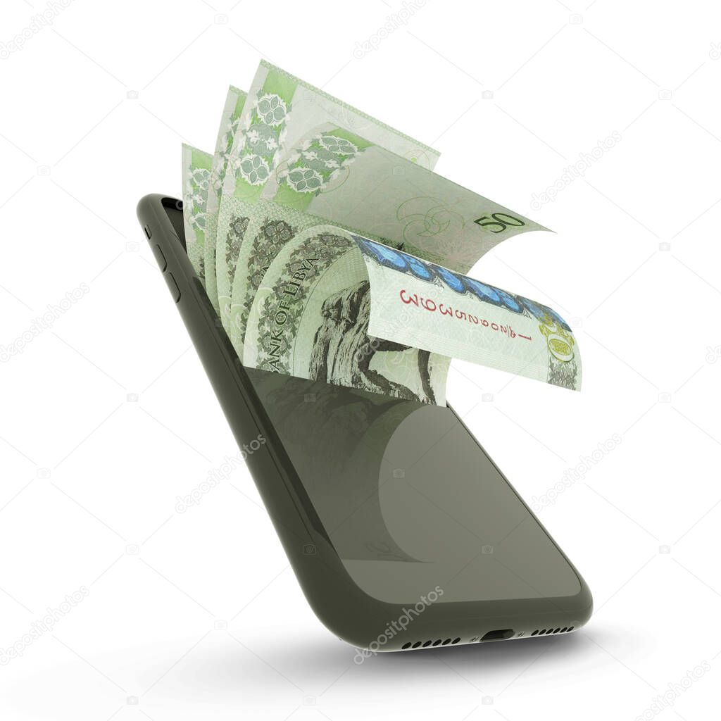 3D rending of Libyan Dinar notes inside a mobile phone