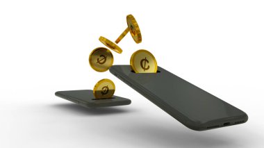 3D rendering of an abstract Ghanaian cedi coin concept transferring from one phone to another. mobile money transaction concept. money coming out of mobile phone