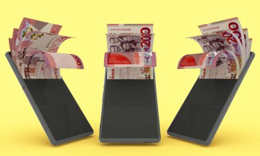 Ghanaian cedi notes inside a mobile phone. money coming out of cell phone. 3d rendering of set of mobile money transaction concept. money from Phone