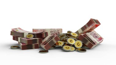 Beyaz arka planda izole edilmiş Ghanaian cedi notları ve madeni paralar. Banknotlar ve madeni para kavramının 3B yorumlanması