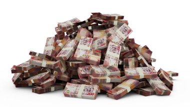 Big pile of 200 Ghanaian cedi notes a lot of money over white background. 3d rendering of bundles of cash