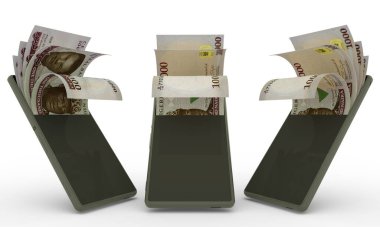 Nigerian naira notes inside a mobile phone. money coming out of mobile phone. 3d rendering of set of mobile money transaction concept. money from Phone