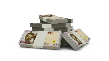 3d rendering of Stack of 1000 Nigeria Naira notes. bundles of Nigerian currency notes isolated on white background