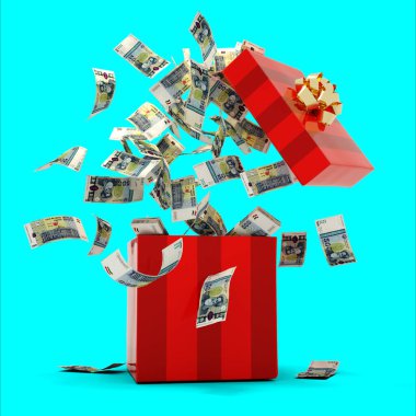 3D rendering of A lot of Tajikistani somoni notes coming out of an opened red gift box