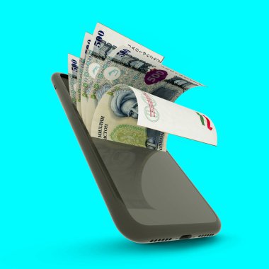 3D rending of Tajikistani somoni notes inside a mobile phone. money coming out of mobile phone