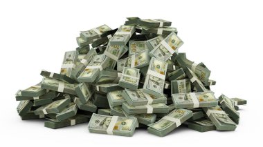 Big pile of 100 US Dollar notes a lot of money over white background. 3d rendering of bundles of cash