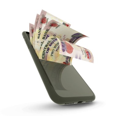 3D rendering of 200 Egyptian pound notes inside a mobile phone isolated on white background