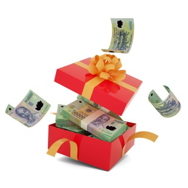 Vietnamese dong notes inside an open red gift box. Vietnamese dong inside and flying around a gift box. 3d rendering of money inside box isolated on white background
