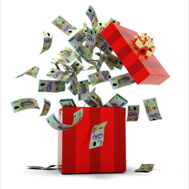 3D rendering of A lot of Vietnamese dong notes coming out of an opened red gift box