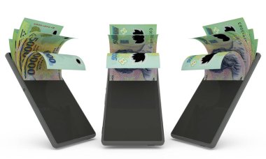 Vietnamese dong notes inside a mobile phone. money coming out of cell phone. 3d rendering of set of mobile money transaction concept. money from Phone