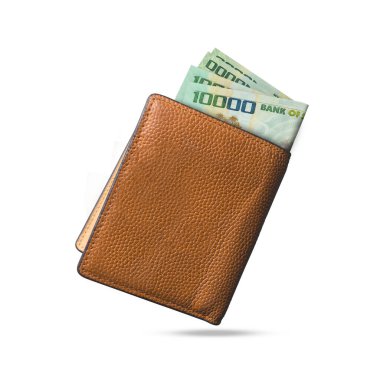 3D rendering of Sierra Leonean leone notes popping out of a brown leather mens wallet. Sierra Leonean leone in wallet