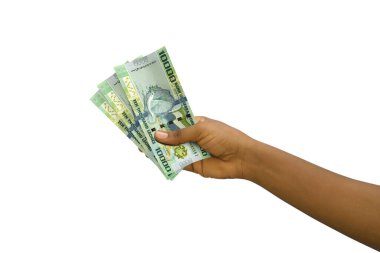 Fair hand holding Sierra Leonean leone notes isolated on white background