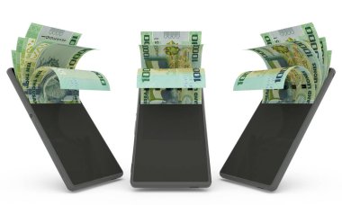 Sierra Leonean leone notes inside a mobile phone. money coming out of cell phone. 3d rendering of set of mobile money transaction concept. money from Phone