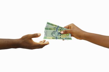 Hand giving 3D rendered Sierra Leonean leone notes to another hand. Hand receiving money