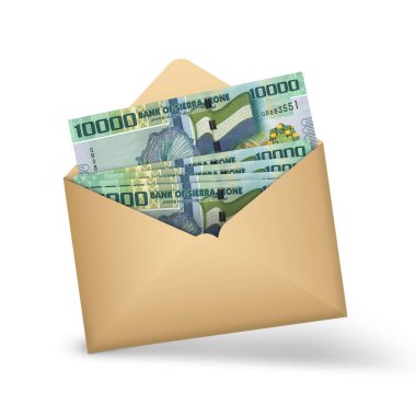Sierra Leonean leone notes inside an open brown envelope. 3D illustration of money in an open envelope