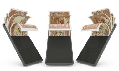 Omani rial notes inside a mobile phone. money coming out of cell phone. 3d rendering of set of mobile money transaction concept. money from Phone