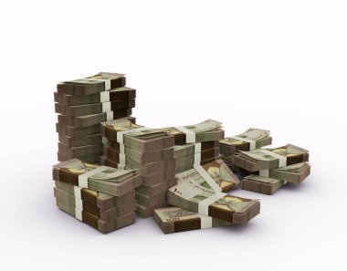 Stack of Omani rial notes. 3d rendering of bundles of money isolated on white background