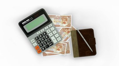 3D rendering of an isolated composition of 100 Omani Baisa notes, a calculator, a note book and a pen