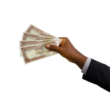 Black hand with suit holding 3D rendered 100 Omani Baisa notes isolated on white background