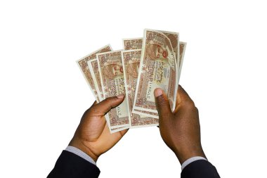 Black Hands in suit holding 3D rendered 100 Omani Baisa notes. Omani rials