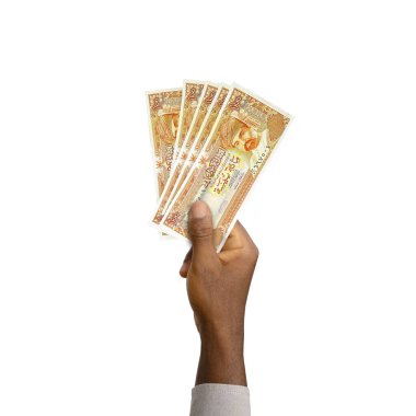 Black Hand holding 3D rendered 100 Omani Baisa notes isolated on white background