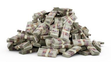 Big pile of Russian ruble notes, a lot of money over white background. 3d rendering of bundles of cash