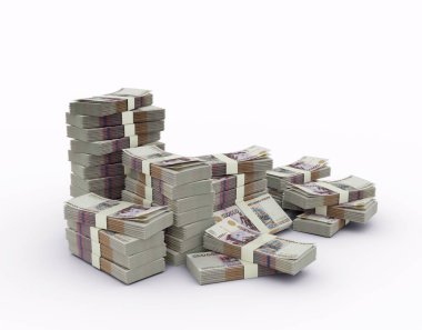 Stack of Russian ruble notes. 3d rendering of bundles of money isolated on white background