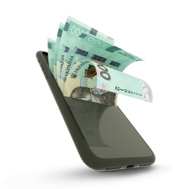 3D rending of Ukrainian hryvnia notes inside a mobile phone isolated on white background