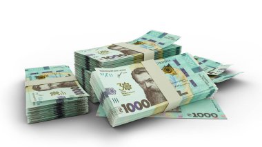 3D rendering of Stack of Ukrainian hryvnia notes isolated on white background