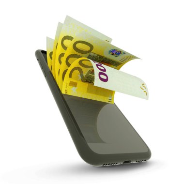 Beyaz arka planda izole edilmiş akıllı bir cep telefonunda 200 avroluk banknotların 3D görüntülenmesi.
