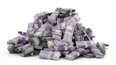 Big pile of 500 Euro notes a lot of money over white background. 3d rendering of bundles of cash