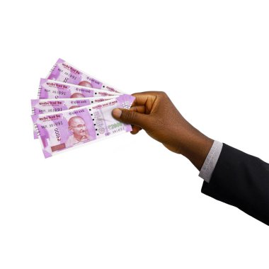 Siyah elli, takım elbiseli, 3 boyutlu, beyaz arka planda izole edilmiş Hint rupisi.